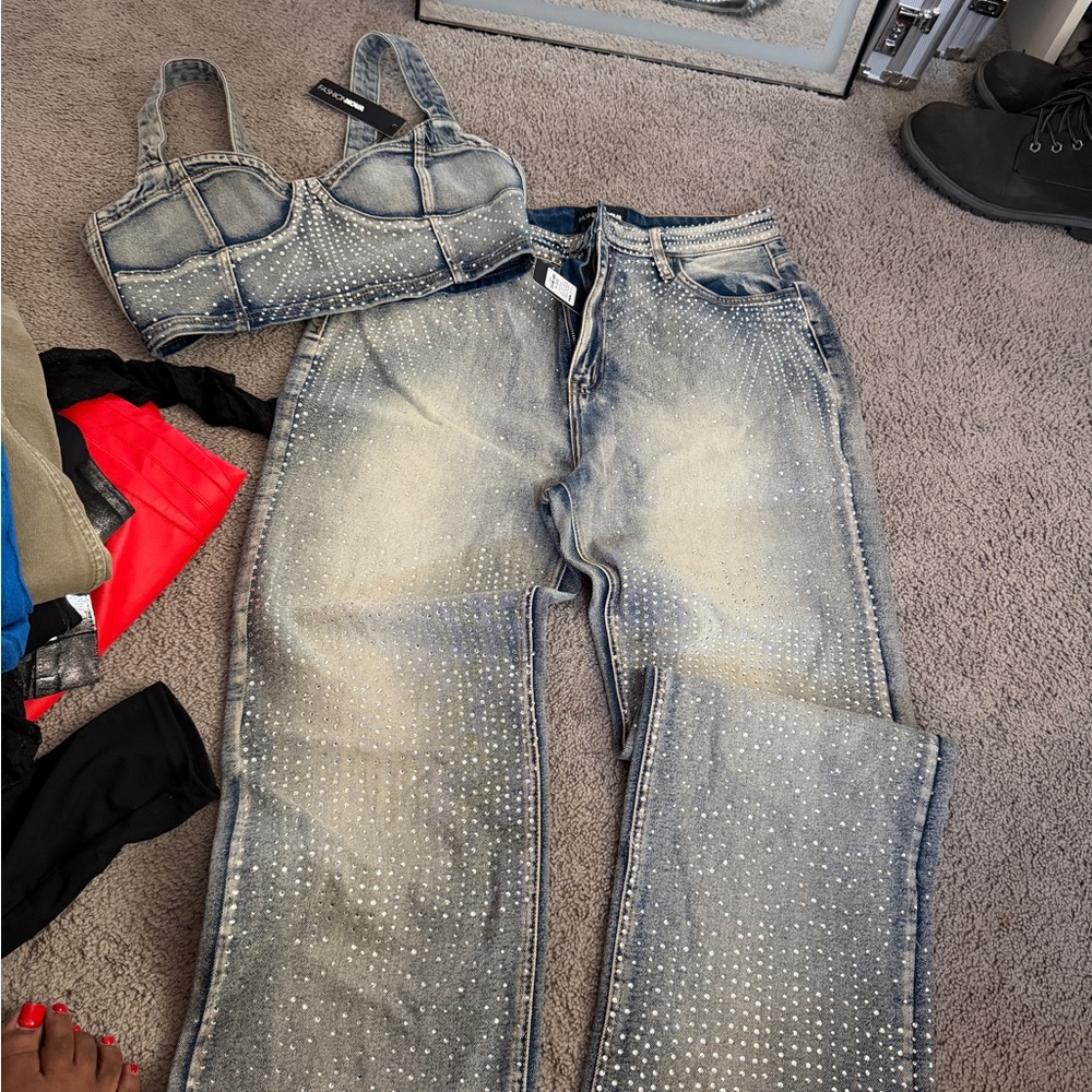 Fashion Nova Embellished Straight Leg Jeans and Bra top